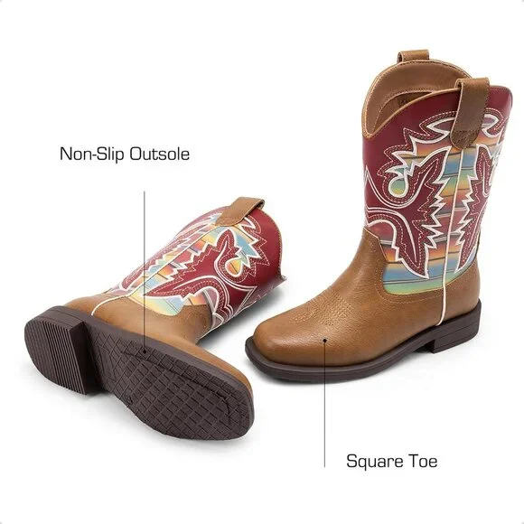⚡Girls Brown Multi Cowboy Boots Toddler Mid Calf Western Square Toe Riding Boot
